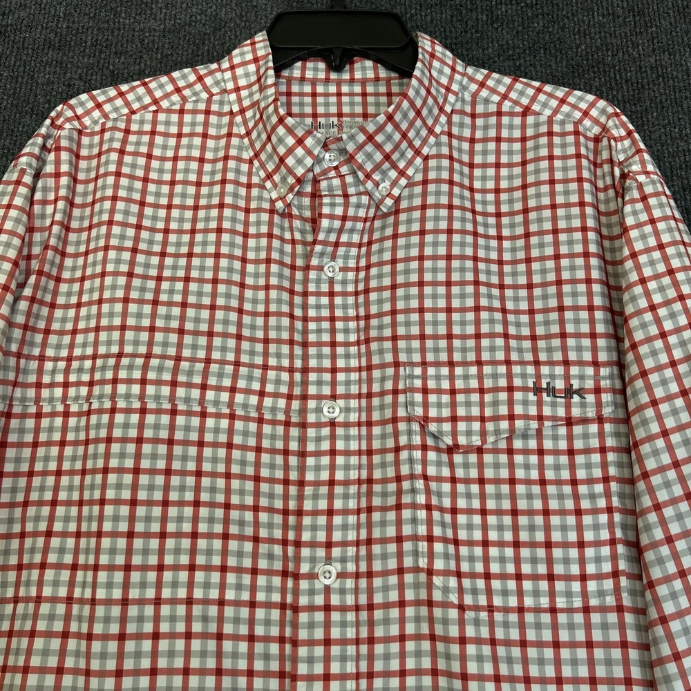 Huk Tide Point Performance Fishing Shirt Men's XL Red Gray Check LS Button Down - Picture 3 of 15